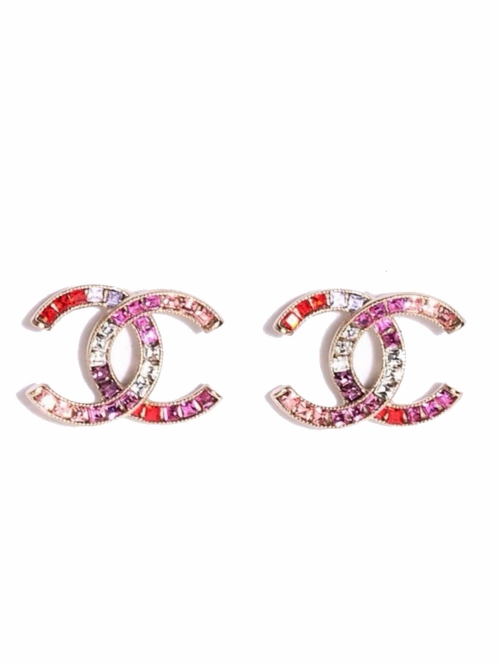 CHANEL Gold-Tone CC Logo Earrings with Pink and Red Crystals